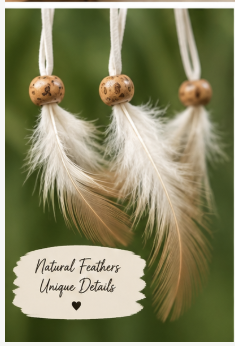 Three natural white feathers with wooden beads hanging against a soft green blurred background, with a label reading 'Natural Feathers Unique Details'.