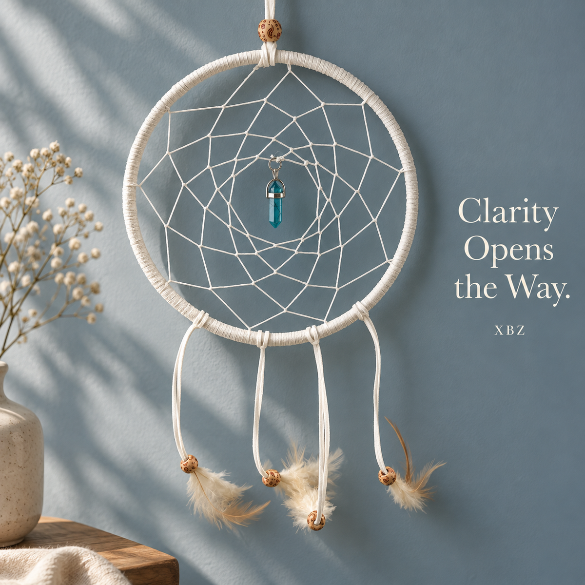 A white dreamcatcher wall hanging with a blue bead center, cream feathers, and wooden beads, displayed against a muted blue-gray wall with decorative text on the right.