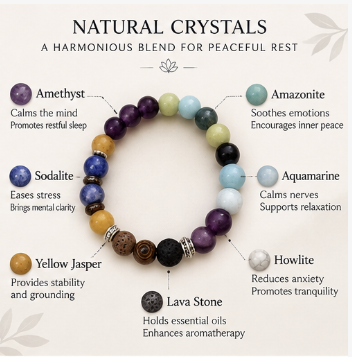 A circular arrangement of labeled crystal beads on a light beige background with decorative leaves and the heading 'NATURAL CRYSTALS.' The beads include Amethyst, Amazonite, Aquamarine, Howlite, Yellow Jasper, Sodalite, and Lava Stone, each with text describing its calming properties.