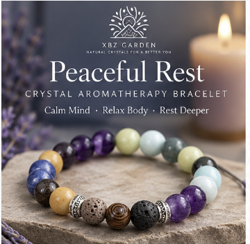 A multicolor crystal aromatherapy bracelet from X82 Garden, displayed on a rustic stone slab with a lit candle in the background. The bracelet features a variety of colored beads including purple, green, blue, yellow, brown, and black, separated by silver-toned metal spacers.
