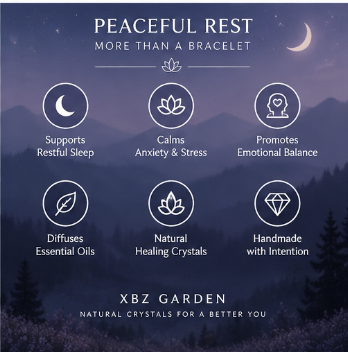 A promotional graphic for XBZ Garden bracelets, featuring a dark blue and purple mountain landscape at night with a crescent moon. The text reads 'PEACEFUL REST MORE THAN A BRACELET' and lists six benefits with icons: supports restful sleep, calms anxiety & stress, promotes emotional balance, diffuses essential oils, natural healing crystals, and is handmade with intention.