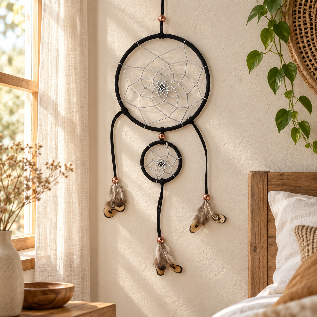 A black wall hanging dreamcatcher with two nested rings, white webbing, and hanging feathers, displayed on a cream wall in a sunlit bedroom next to a window and wooden bed frame.