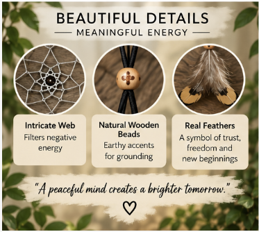 An informational graphic titled 'BEAUTIFUL DETAILS · MEANINGFUL ENERGY' with three circular close-ups and text callouts: an intricate web symbol labeled 'Intricate Web' and 'Filters negative energy,' natural wooden beads labeled 'Natural Wooden Beads' and 'Earthy accents for grounding,' and real feathers labeled 'Real Feathers' and 'A symbol of trust, freedom and new beginnings.' A quote at the bottom reads, 'A peaceful mind creates a brighter tomorrow.