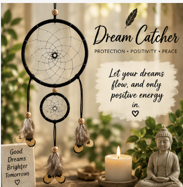 A black dreamcatcher wall hanging with two circular webbed hoops, hanging cords, feathers, and small gold-toned beads, shown in a styled indoor scene with a candle, plant leaves, and a Buddha statue. Text on the image reads 'Dream Catcher' and 'Let your dreams flow, and only positive energy in.