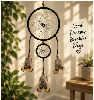 A hanging dreamcatcher with two circular webbed rings, black cords, brown beads, and three feather clusters with tan and brown feathers, shown in a sunlit indoor setting with the text 'Good Dreams Brighter Days' on the right.