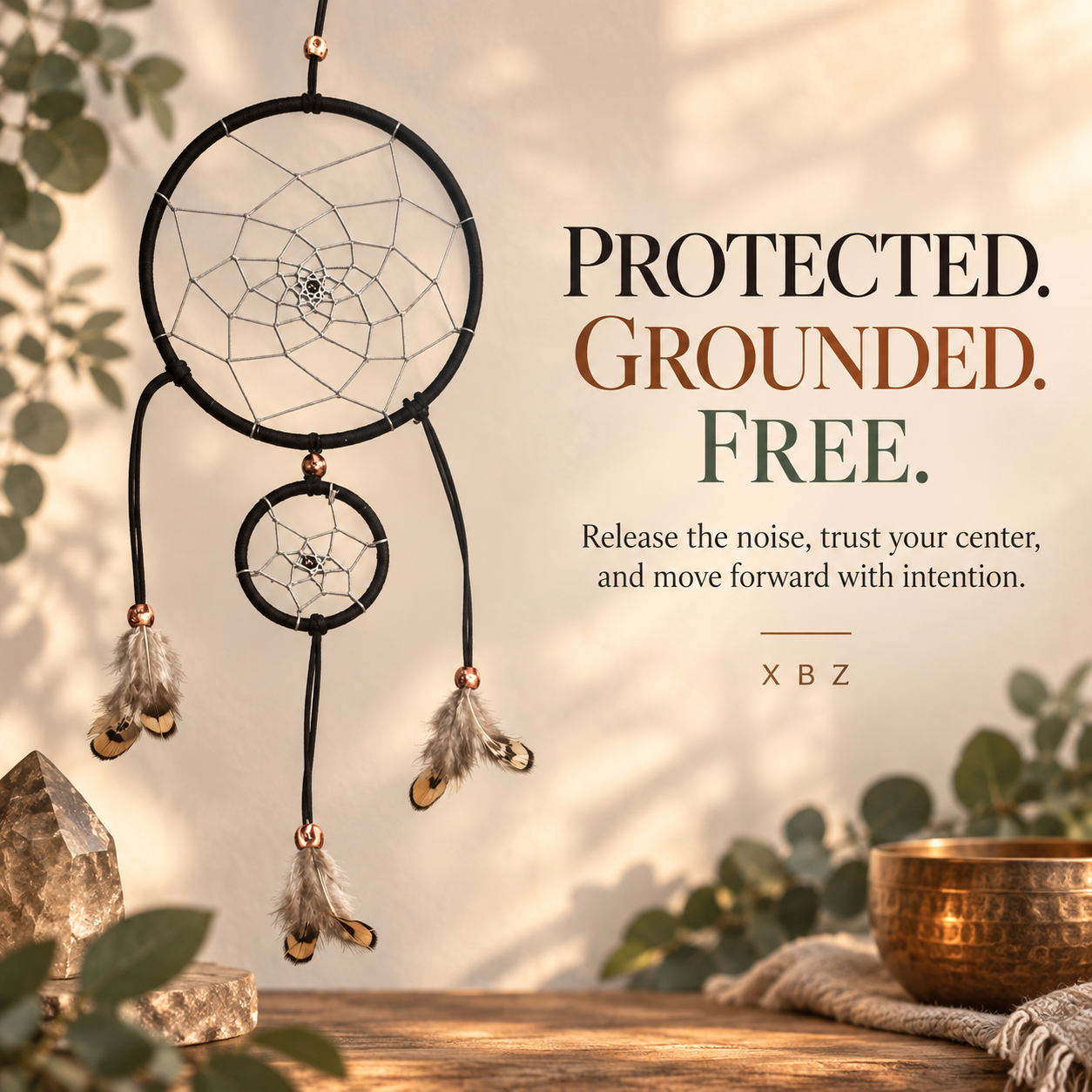 A black circular dreamcatcher with a smaller hanging dreamcatcher, feathers, and small metallic bells, displayed against a warm beige background with decorative leaves, crystals, and a copper bowl. Text on the right reads: 'PROTECTED.