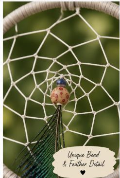 A close-up of a dreamcatcher with a decorative bead and hanging feather detail, set against a blurred green outdoor background. A cream-colored label at the bottom reads 'Unique Bead & Feather Detail'.