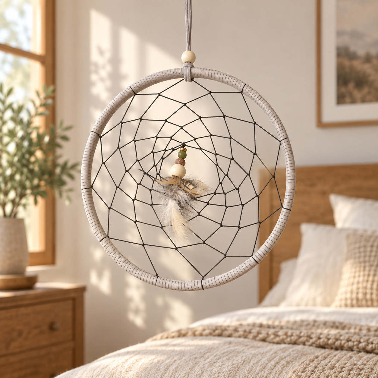 A bohemian-style dreamcatcher with a light beige wrapped hoop, black webbing, and a central feather ornament hangs in a softly lit bedroom above a bed with neutral-toned bedding.