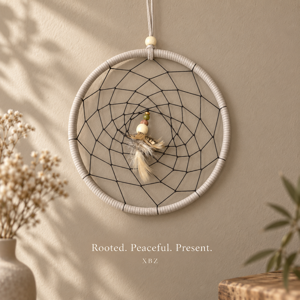 A bohemian-style dreamcatcher with a light beige wrapped hoop, black webbing, and a central feather ornament.  Rooted.  Peaceful.  Present.