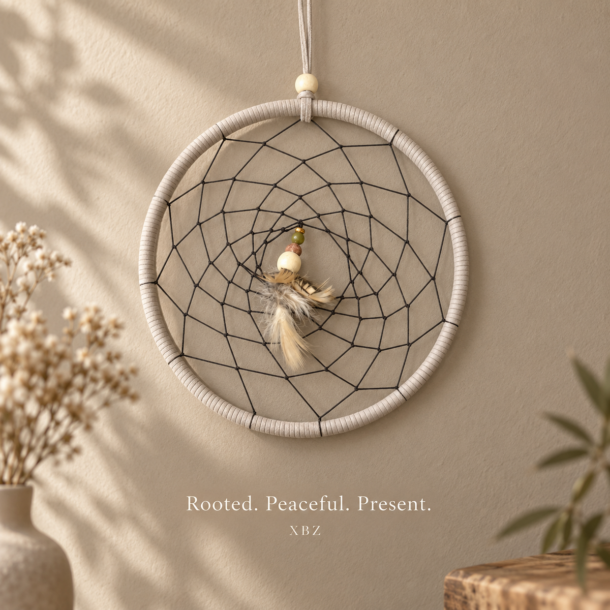 A bohemian-style dreamcatcher with a light beige wrapped hoop, black webbing, and a central feather ornament.  Rooted.  Peaceful.  Present.