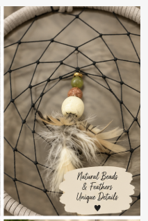 Rooted Peace Natural-Tone Dreamcatcher closeup of beads and feathers