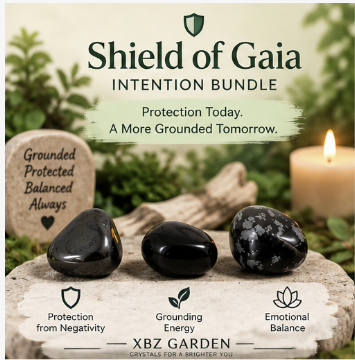 Shield of Gaia Intention Bundle by XBZ Garden, featuring three polished black and white stones on a stone slab with a candle, greenery, and text overlays detailing spiritual benefits.