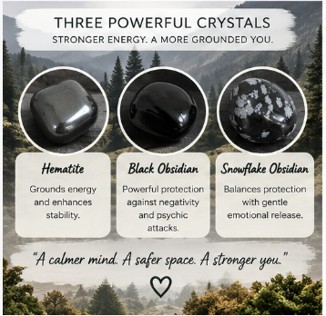 An informational graphic for a crystal set featuring three stones: Hematite, Black Obsidian, and Snowflake Obsidian. The image has a dark forest background with three circular insets showing the polished stones, accompanied by descriptive text blocks and a quote at the bottom.