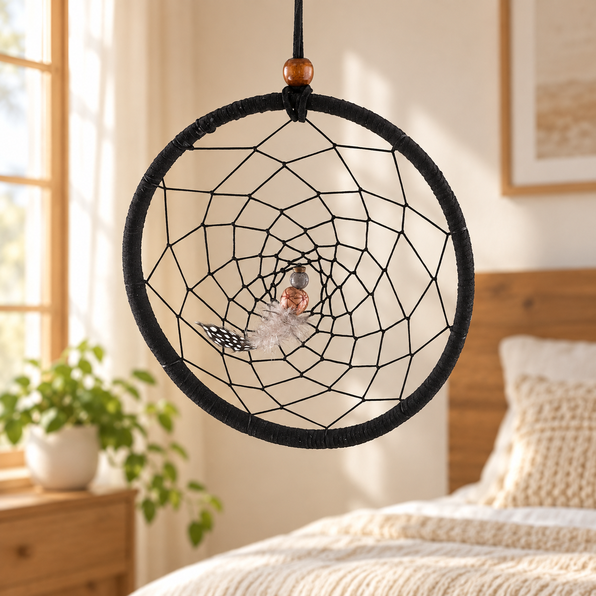 Stillpoint Black Dreamcatcher in bedroom