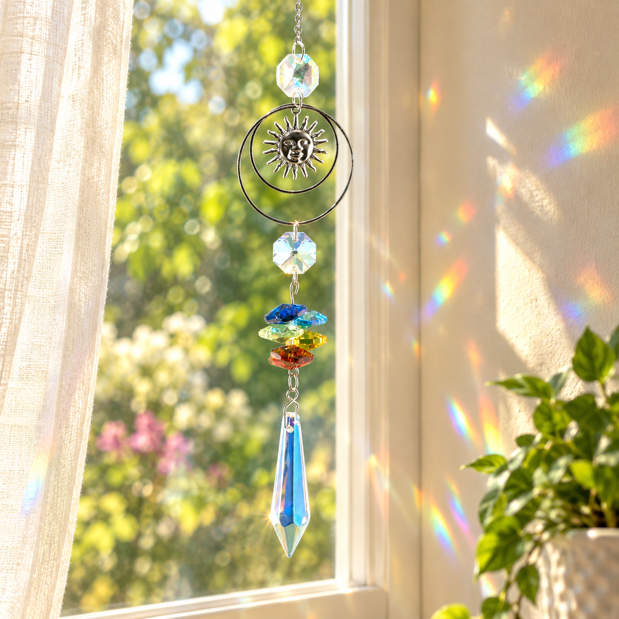 Turn Toward the Light Sun & Rainbow Suncatcher hanging in a window with a plant