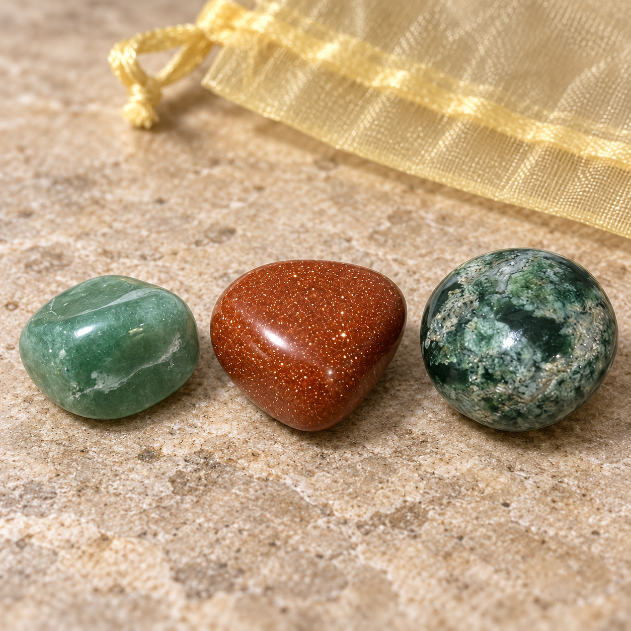 close up of green aventurine, goldstone and moss agate
