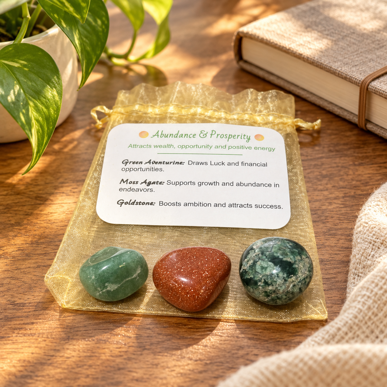 green aventurine, goldstone and moss agate with summary cared and gold organza bag