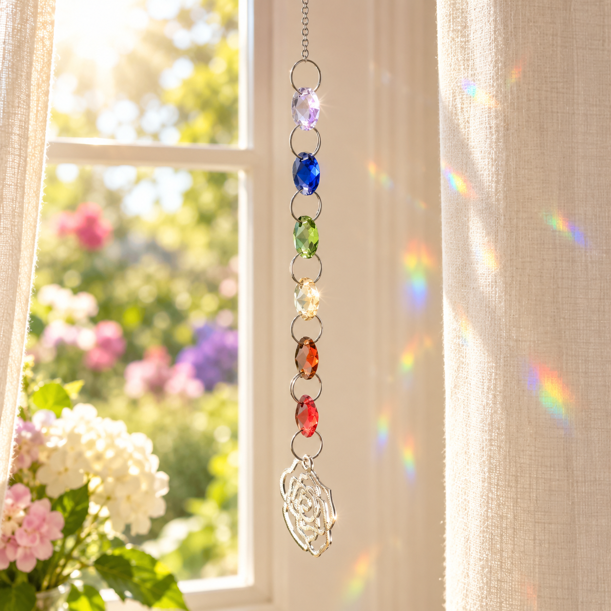 Rainbow Crystal Rose Suncatcher hanging by a sunlit window by flowers