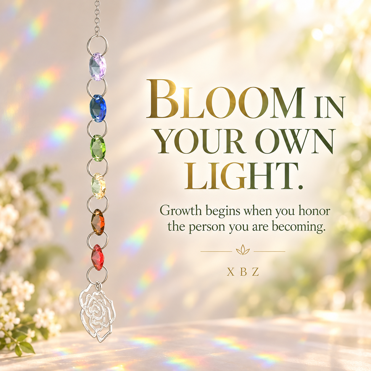 A vertical silver suncatcher necklace with colorful gemstone beads and a rose charm, shown against a bright, sunlit background with rainbow light leaks and the text 'BLOOM IN YOUR OWN LIGHT.' and 'XBZ'.