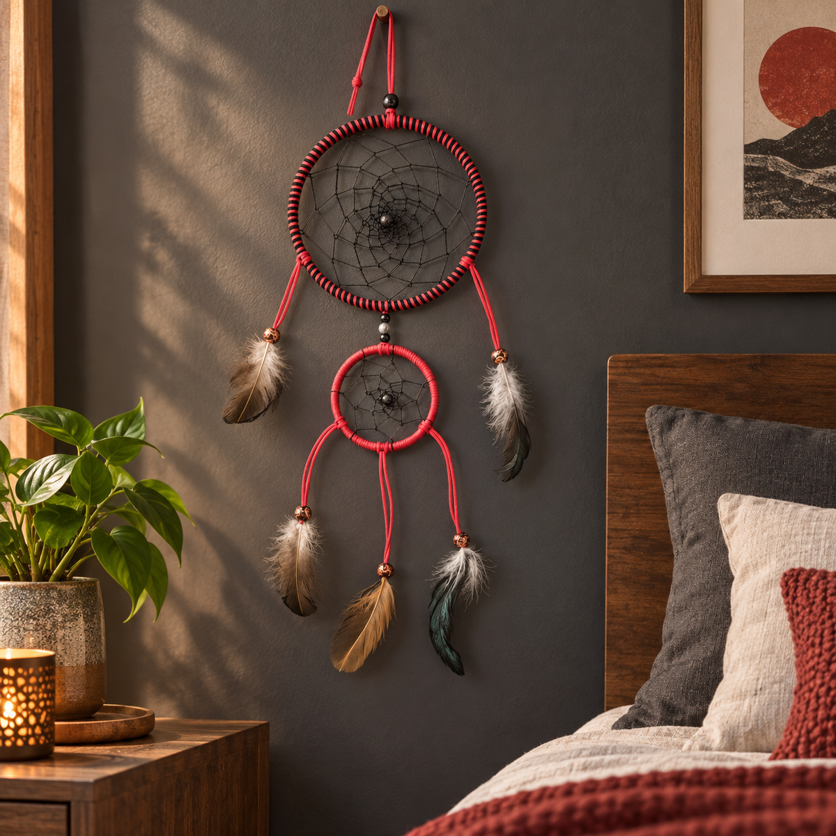 Bold Intentions Red & Black Double-Hoop Dreamcatcher on a bedroom wall
