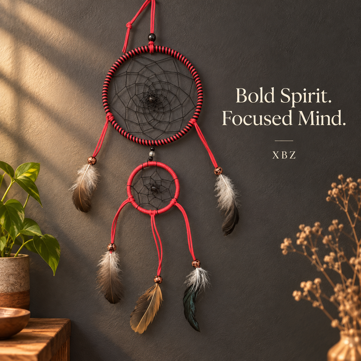 Bold Intentions Red & Black Double-Hoop Dreamcatcher .   bold spirit.  focused mind.  xbz