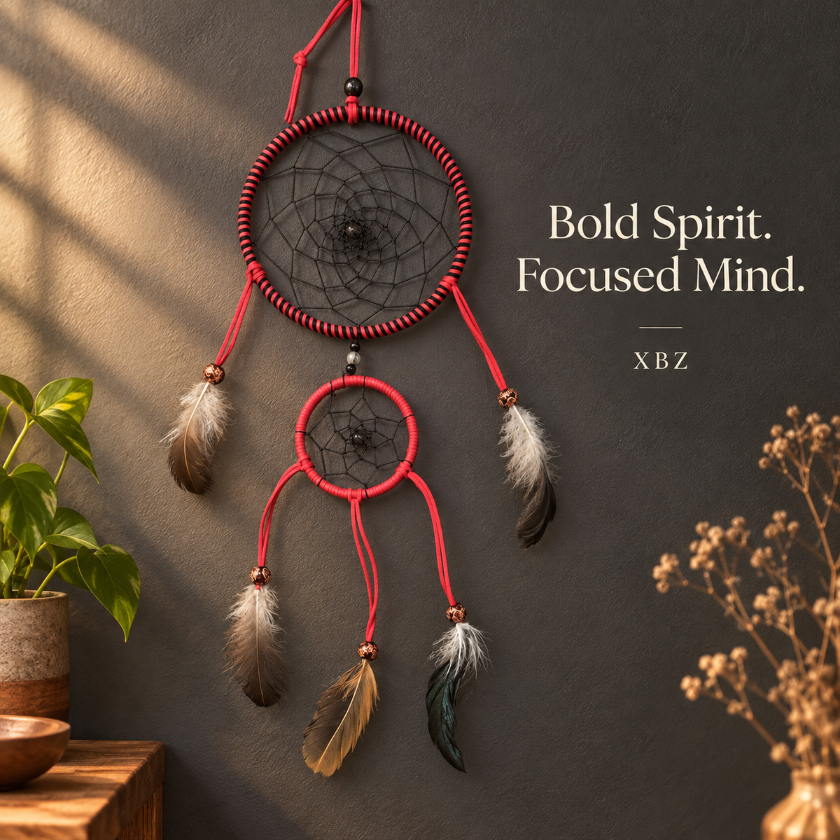 Bold Intentions Red & Black Double-Hoop Dreamcatcher .   bold spirit.  focused mind.  xbz