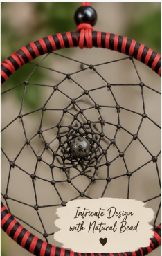 Bold Intentions Red & Black Double-Hoop Dreamcatcher ,  close up of web and bead.