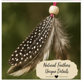 A decorative feather ornament featuring a long brown and white spotted feather hanging from a pink cord and cream-colored wooden bead, with a decorative label reading 'Natural Feathers Unique Details' on a soft green blurred background.