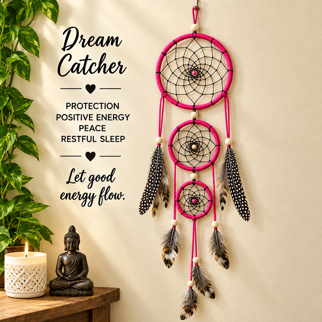 A pink dreamcatcher wall hanging with three circular webbed rings, black and white feathers, and hanging cords, displayed against a beige wall above a small table with a candle and Buddha statue. Text on the left reads 'Dream Catcher' with additional positive energy wording.