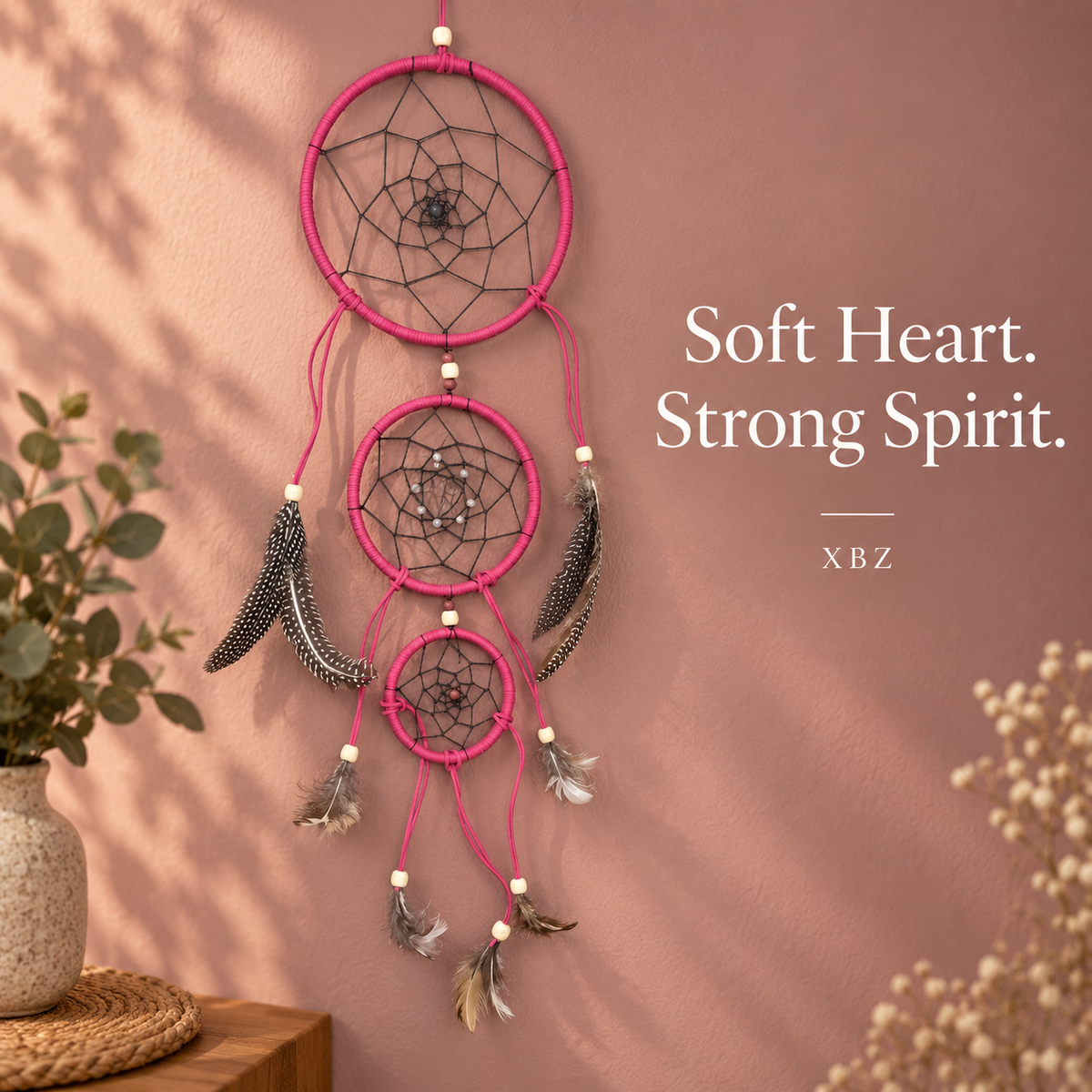 A pink dreamcatcher wall hanging with three nested rings, black webbing, white beads, and black-and-white feathers, displayed against a dusty pink wall with decorative plants and text reading 'Soft Heart. Strong Spirit.