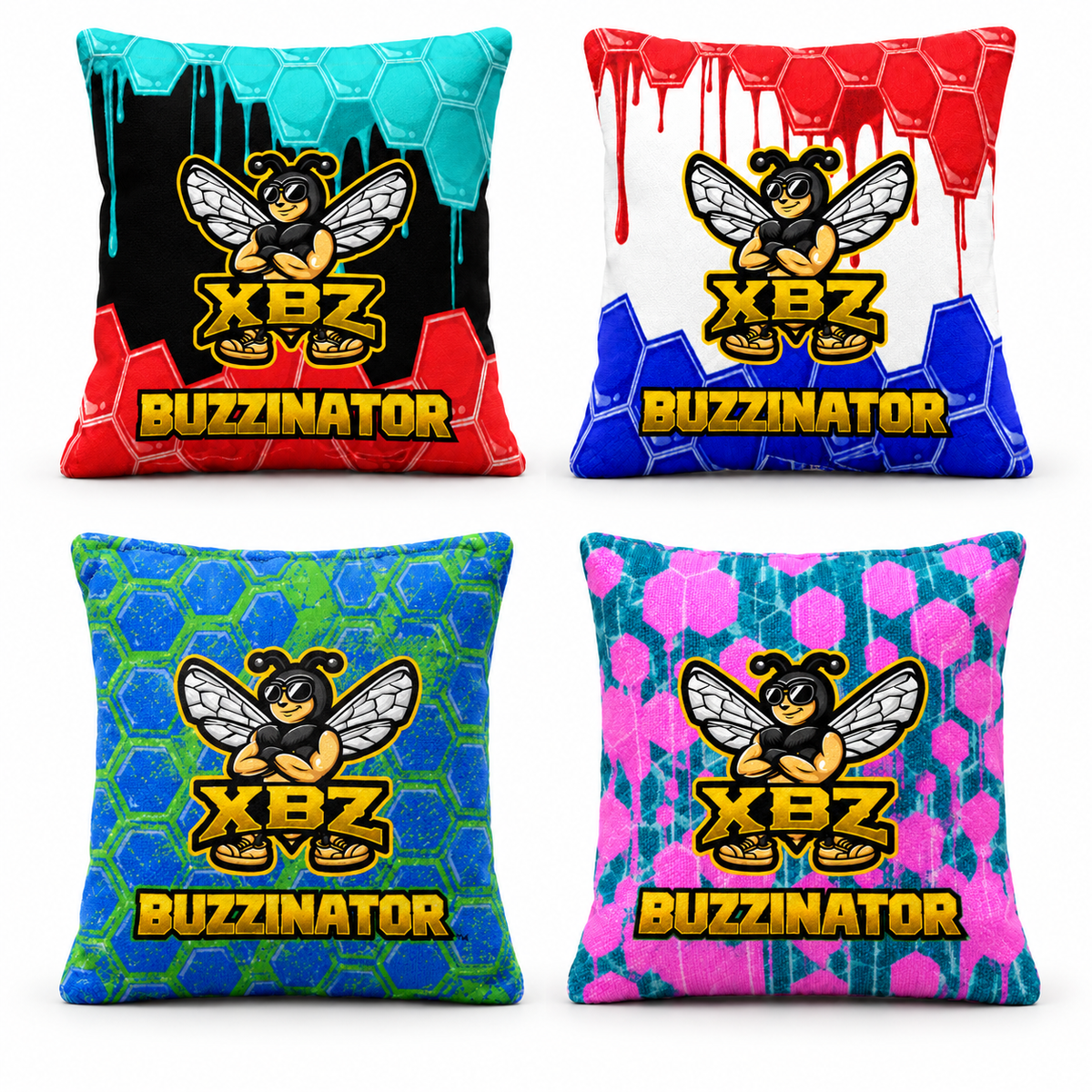 xbz buzzinator cornhole bags with xbz bee logo, red, white, blue, aqua, black, pink and green