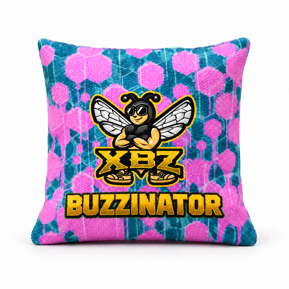 cornhole bag with buzzinator and xbz logo bee, pink and blue