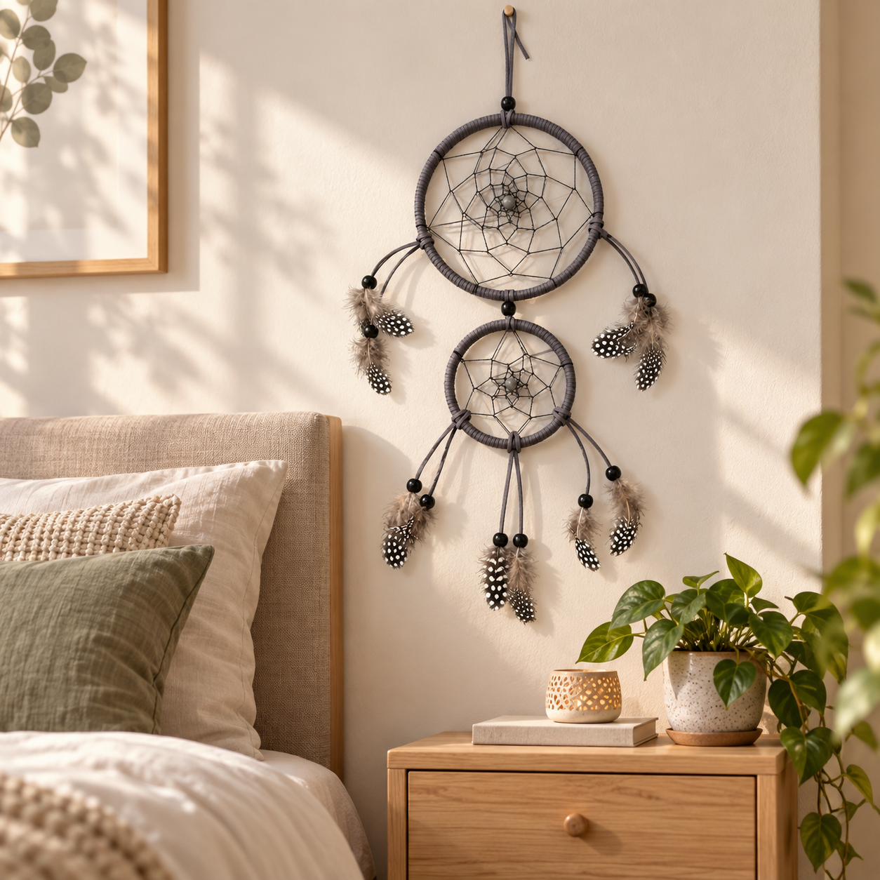 A two-tier dreamcatcher wall hanging with dark gray wrapped rings, black webbing, and black-and-white feathers, displayed on a beige wall above a bed in a warm, sunlit bedroom.