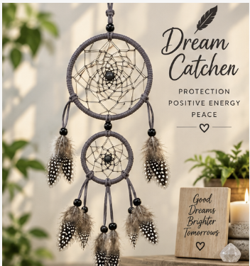 A dark gray wrapped dreamcatcher with two hanging circles, black beads, and brown-and-white spotted feathers, displayed against a softly blurred indoor background with text reading 'Dream Catcher' and 'Protection Positive Energy Peace.'.