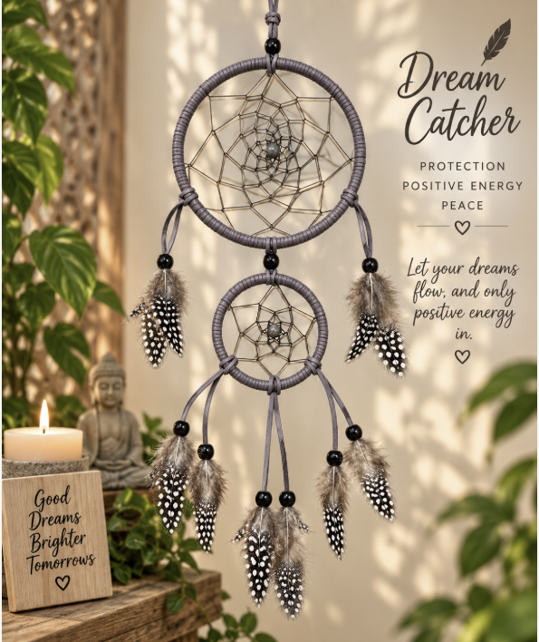 A two-ring dreamcatcher with gray wrapped rope, black beads, and black-and-white patterned feathers hanging in front of a softly lit indoor background with decorative text on the right and a candle box on the left.