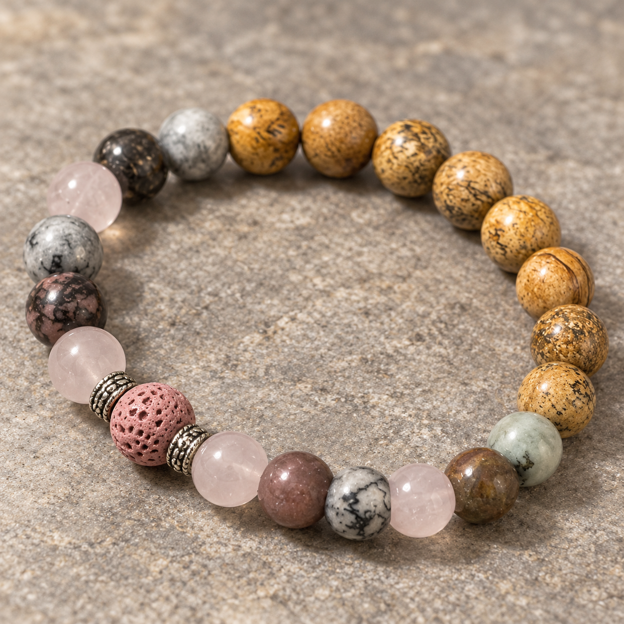 A beaded stretch bracelet made of polished gemstone beads in assorted earthy colors, arranged in a circle on a textured gray stone surface.
