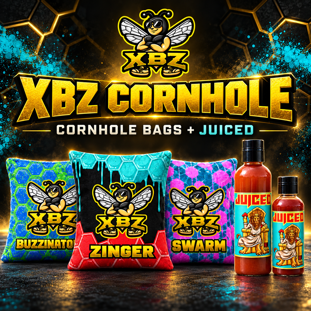 xbz cornhole bags and juiced with xbz bee logo.  buzzinator, zinger and swarm bag