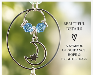 Dream, Believe & Shine Moon-and-Star Suncatcher, beautiful details, closeup of moon and circle charm with blue beads, beautiful details, a symbol of guidance, hope and brighter days, heart