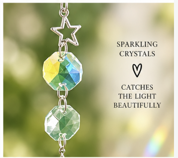 Dream, Believe & Shine Moon-and-Star Suncatcher star and bead closeup, sparkling crystals, catches the light beautifully heart