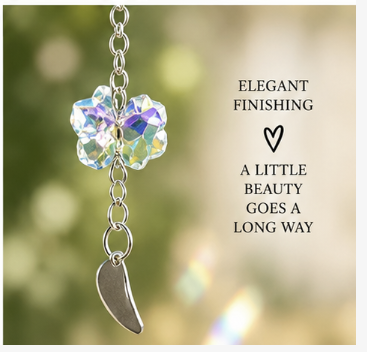 Dream, Believe & Shine Moon-and-Star Suncatcher, crystal flower closeup, elegant finishing, a little beauty goes a long way heart