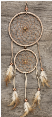 Earth & Ease Tan Double-Hoop Dreamcatcher with wood background