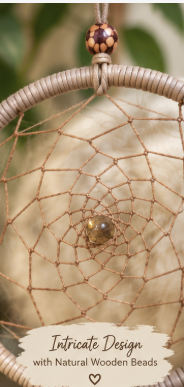 Earth & Ease Tan Double-Hoop Dreamcatcher closeup of web and beading