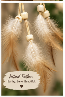 Three natural beige and cream feathers hanging from tan cords with round wooden beads, shown against a soft blurred warm background. A label at the bottom reads 'Natural Feathers' with 'Earthy, Boho, Beautiful.