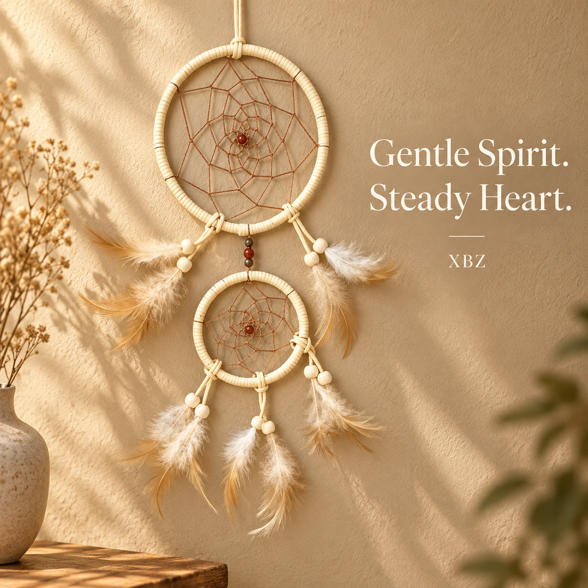 Two woven dreamcatchers hang on a warm beige wall with dried flowers and soft shadows. White text on the right reads 'Gentle Spirit.
