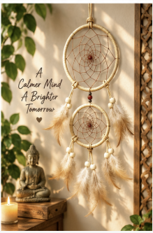 Two circular dreamcatchers with beige feathers and beads hang on a wall in a warm, sunlit room. A small Buddha statue and lit candle sit below, with green leaves and a wooden frame visible in the background.