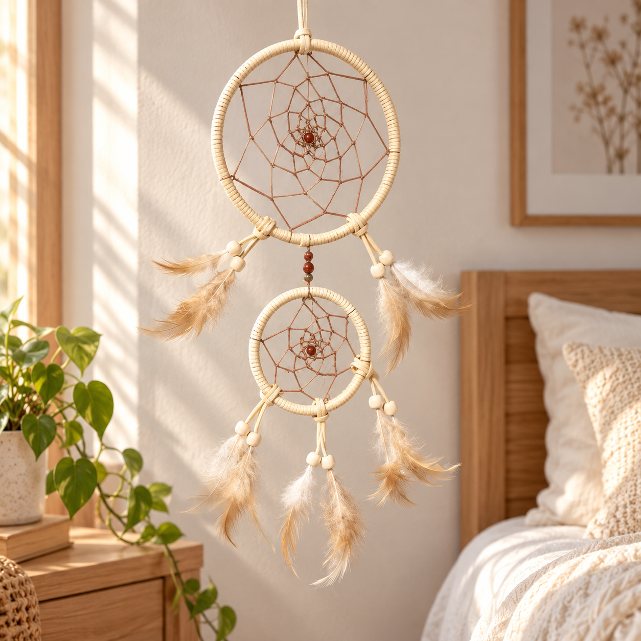 Two woven dreamcatchers with natural fiber rings, brown webbing, and beige feathers hanging in a sunlit bedroom next to a bed and potted plant.