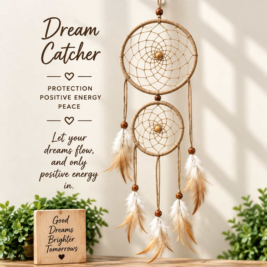 Earth & Ease Tan Double-Hoop Dreamcatcher. protection, positibe energy, peace