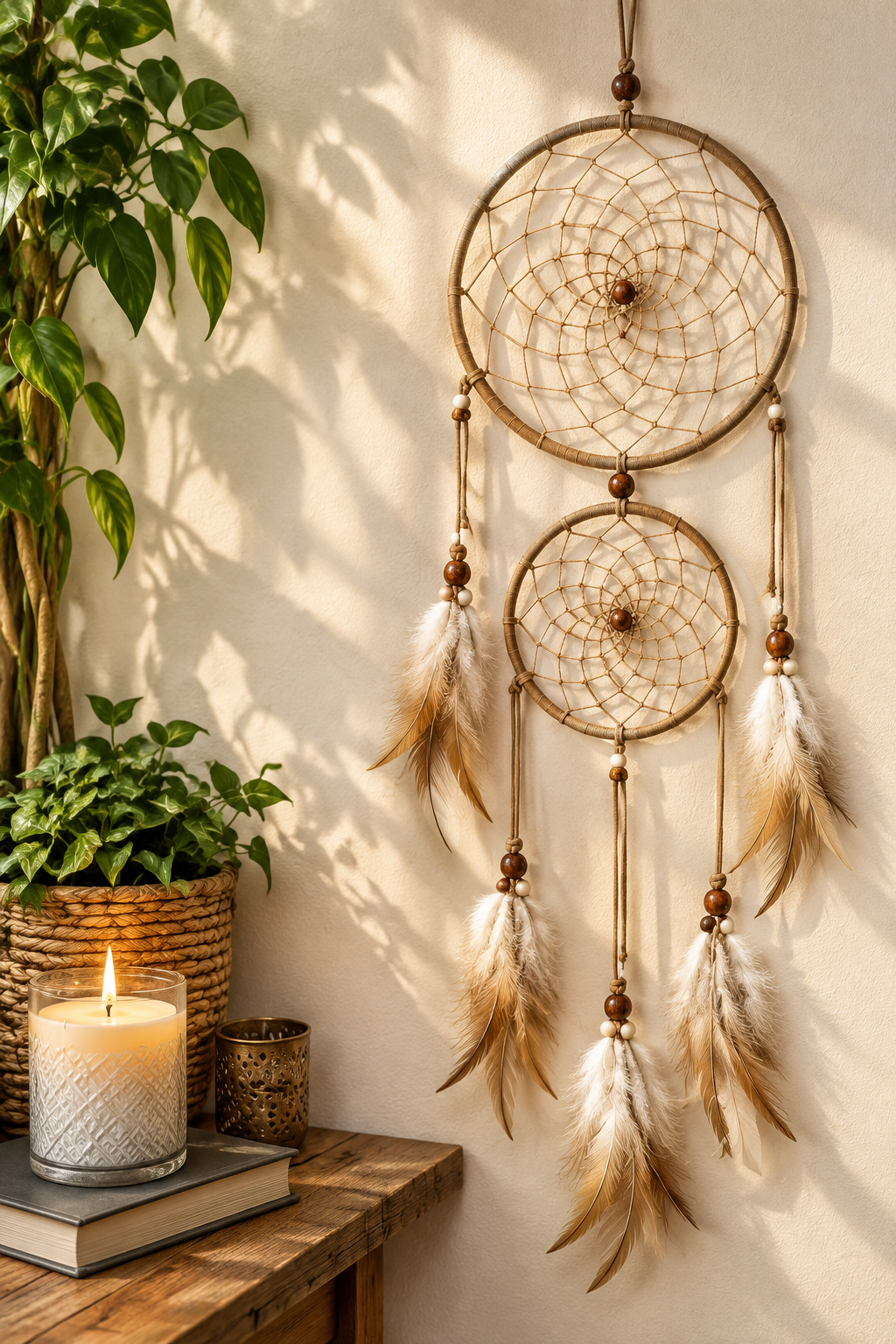 Two hanging dreamcatchers with tan wrapped cords and cream feathers displayed on a wooden shelf beside a lit candle and greenery, with the text 'A Calmer Mind A Brighter Tomorrow' on the left.