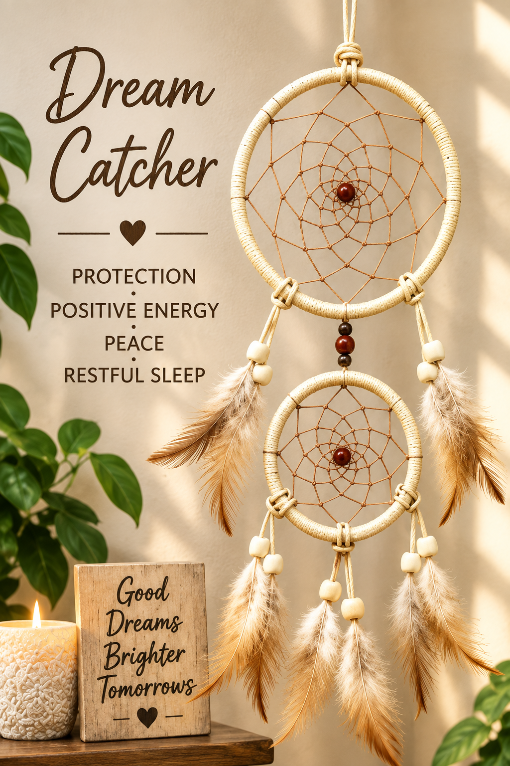 A dreamcatcher wall hanging with two circular woven hoops, tan feathers, and hanging beads, shown against a softly blurred indoor background with decorative text and a small candle.