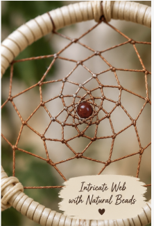 A close-up of a handmade dreamcatcher with a natural woven hoop, brown string webbing, and a central brown bead, with a text overlay reading 'Intricate Web with Natural Beads'.